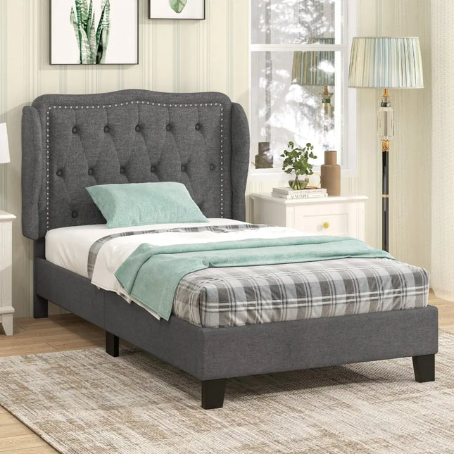 Twin Size Bed Frame with Button Tufted Wingback Headboard and Storage Space-Gray - Gray - Simple Bed Frame