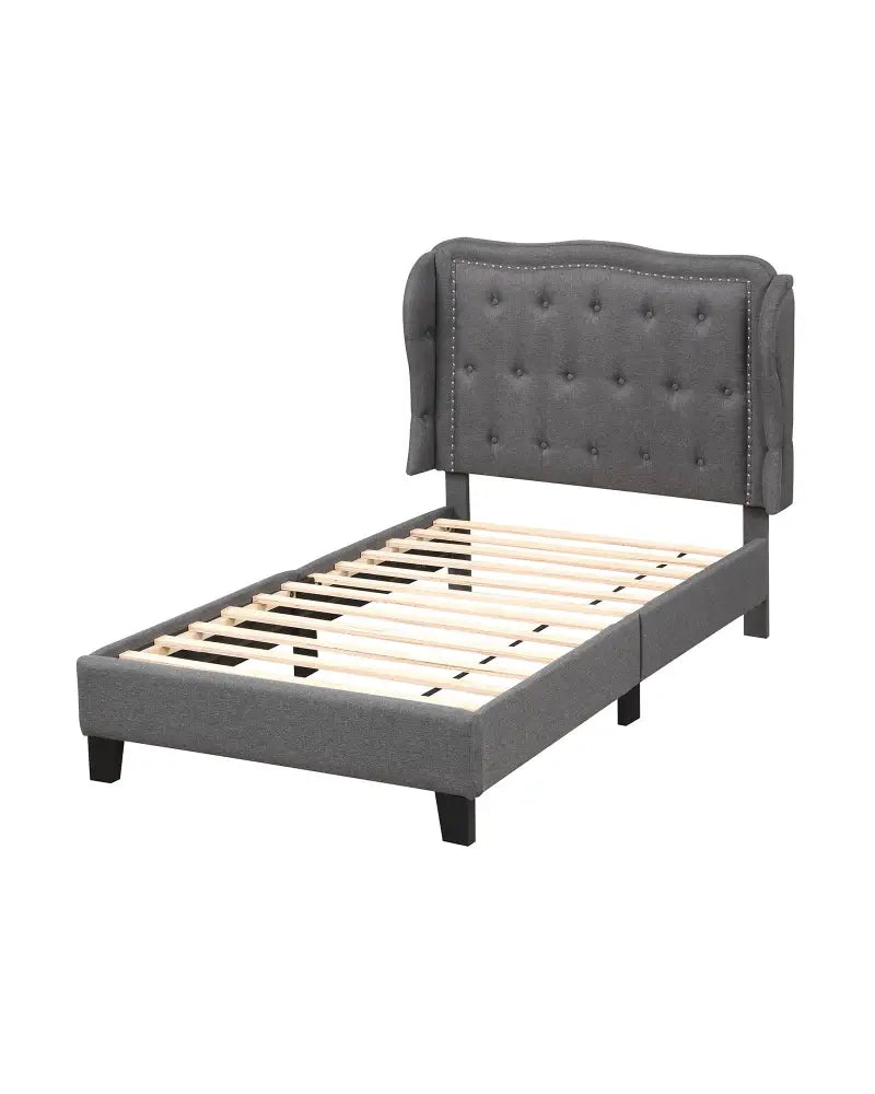 Twin Size Bed Frame with Button Tufted Wingback Headboard and Storage Space-Gray - Gray - Simple Bed Frame