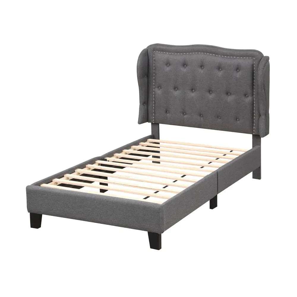 Twin Size Bed Frame with Button Tufted Wingback Headboard and Storage Space-Gray - Gray - Simple Bed Frame