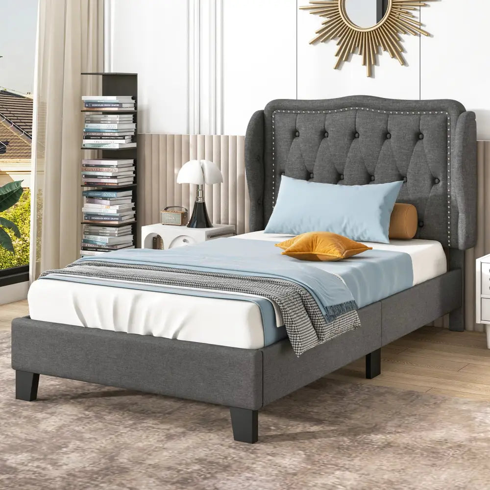 Twin Size Bed Frame with Button Tufted Wingback Headboard and Storage Space-Gray - Gray - Simple Bed Frame