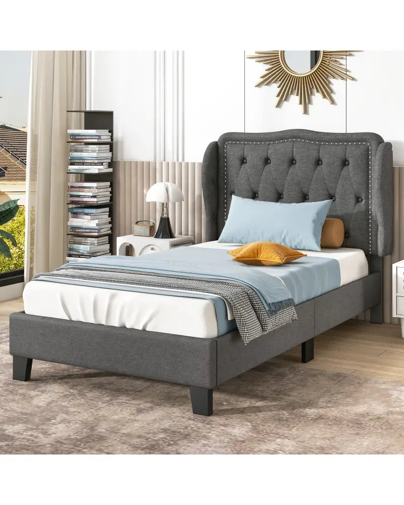 Twin Size Bed Frame with Button Tufted Wingback Headboard and Storage Space-Gray - Gray - Simple Bed Frame