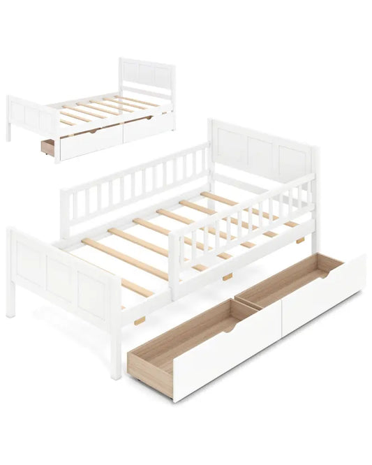 Twin Size Bed Frame with Detachable Guardrails White - White - Trundle Bed Frame