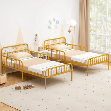 Twin Size Bed Frame with Headboard and Safety Side Guardrails-Gold - Gold - Simple Bed Frame