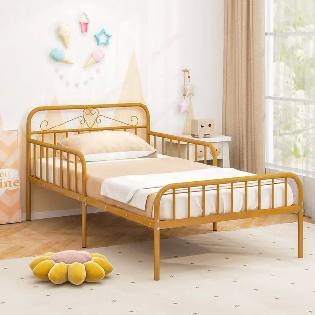 Twin Size Bed Frame with Headboard and Safety Side Guardrails-Gold - Gold - Simple Bed Frame