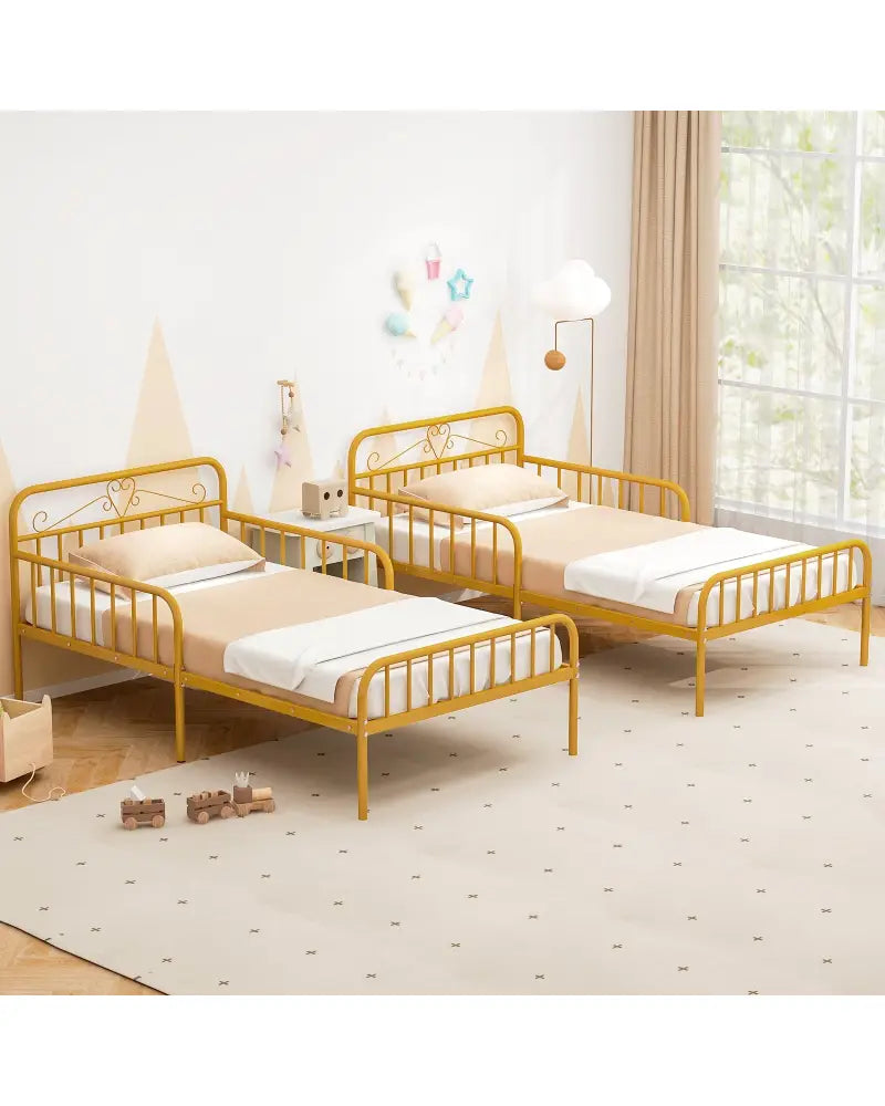 Twin Size Bed Frame with Headboard and Safety Side Guardrails-Gold - Gold - Simple Bed Frame