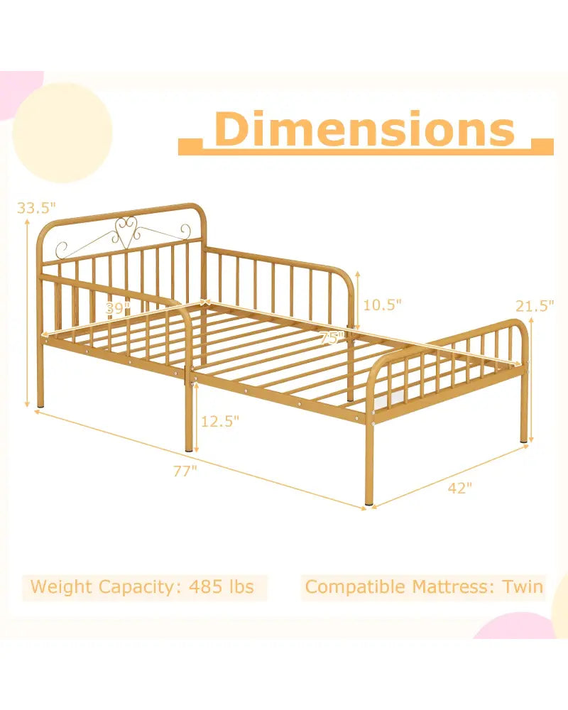 Twin Size Bed Frame with Headboard and Safety Side Guardrails-Gold - Gold - Simple Bed Frame