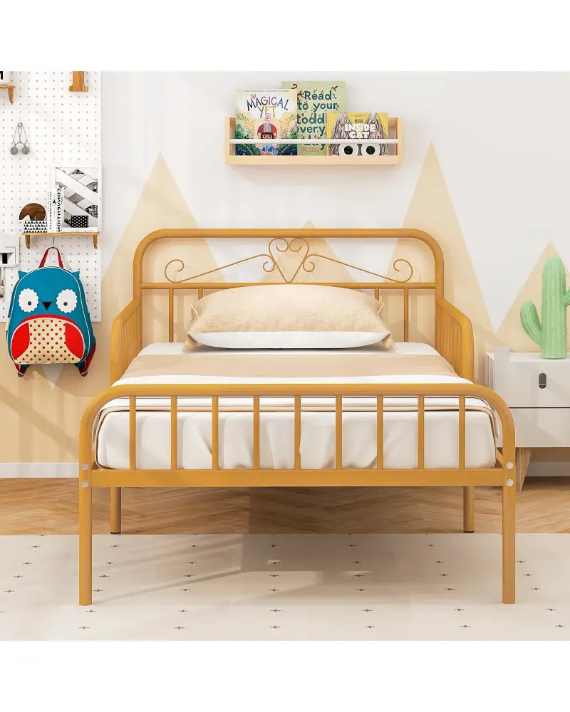 Twin Size Bed Frame with Headboard and Safety Side Guardrails-Gold - Gold - Simple Bed Frame