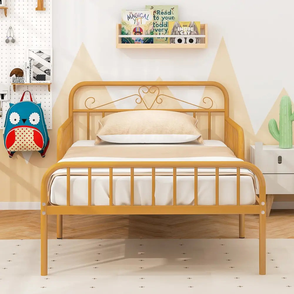 Twin Size Bed Frame with Headboard and Safety Side Guardrails-Gold - Gold - Simple Bed Frame