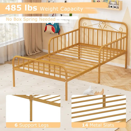 Twin Size Bed Frame with Headboard and Safety Side Guardrails-Gold - Gold - Simple Bed Frame