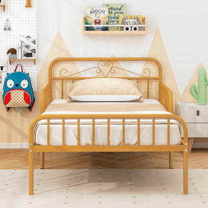 Twin Size Bed Frame with Headboard and Safety Side Guardrails-Gold - Gold - Simple Bed Frame