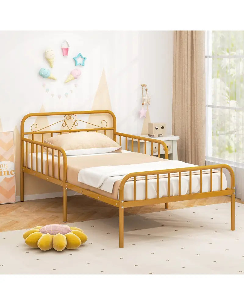 Twin Size Bed Frame with Headboard and Safety Side Guardrails-Gold - Gold - Simple Bed Frame