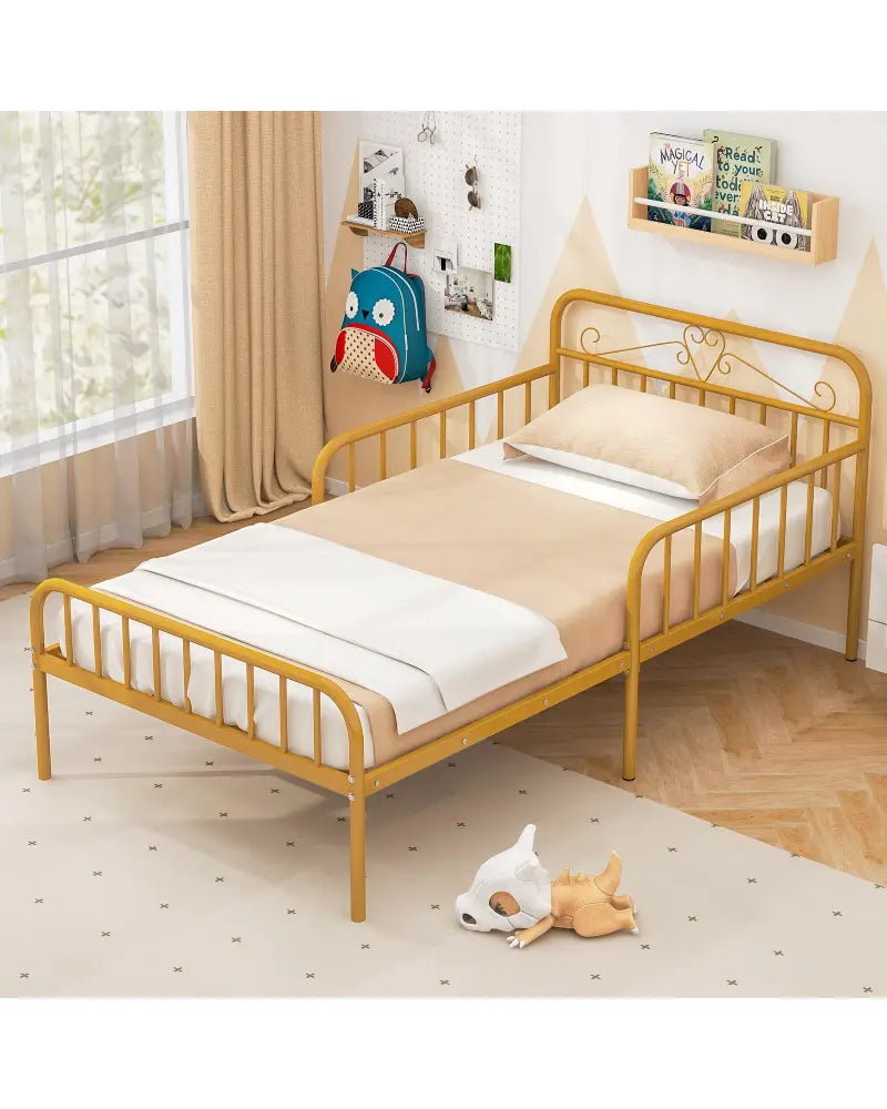 Twin Size Bed Frame with Headboard and Safety Side Guardrails-Gold - Gold - Simple Bed Frame