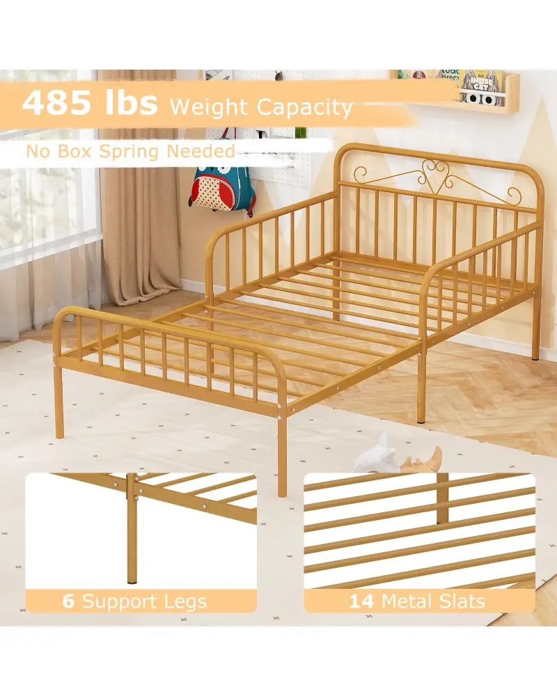 Twin Size Bed Frame with Headboard and Safety Side Guardrails-Gold - Gold - Simple Bed Frame