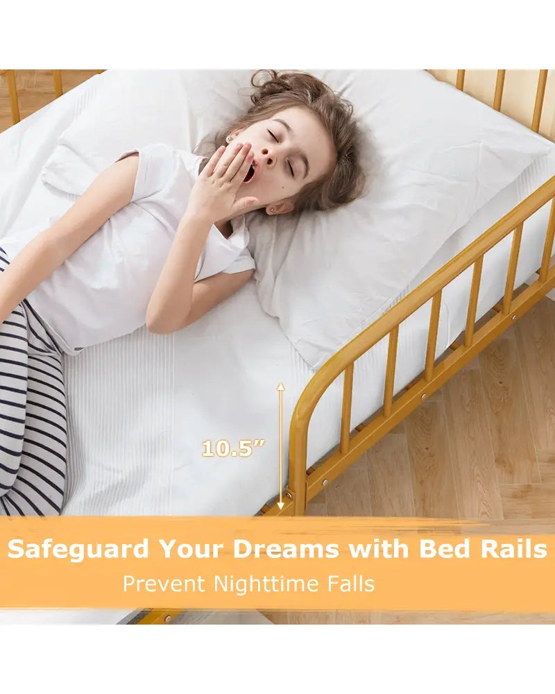 Twin Size Bed Frame with Headboard and Safety Side Guardrails-Gold - Gold - Simple Bed Frame