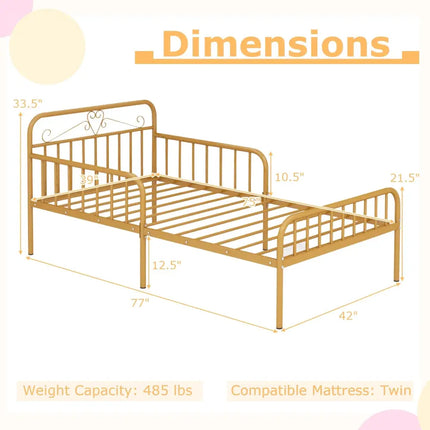 Twin Size Bed Frame with Headboard and Safety Side Guardrails-Gold - Gold - Simple Bed Frame