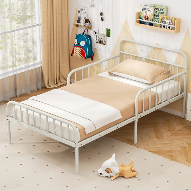 Twin Size Bed Frame with Headboard and Safety Side Guardrails-White - White - Simple Bed Frame