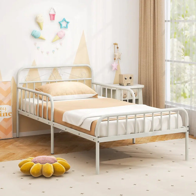 Twin Size Bed Frame with Headboard and Safety Side Guardrails-White - White - Simple Bed Frame