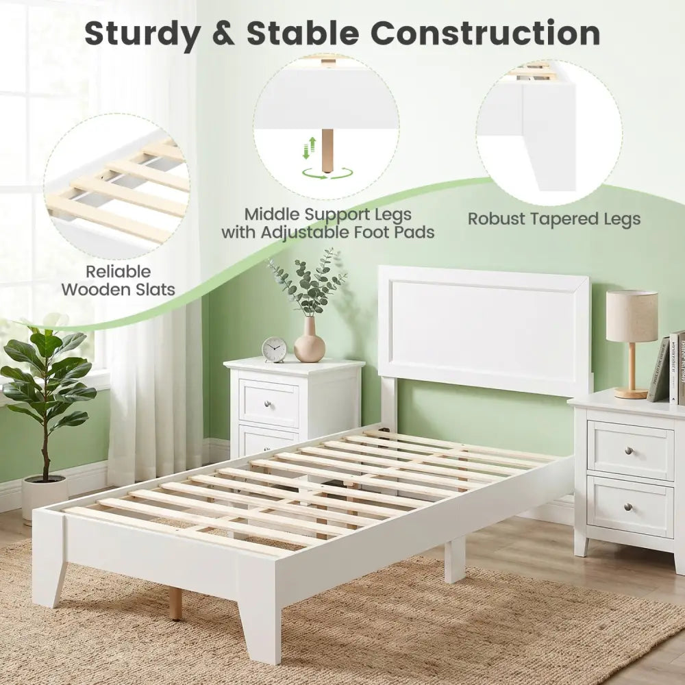 Twin Size Bed Frame with Headboard for Small Room No Box Spring Needed-White - White - Simple Bed Frame