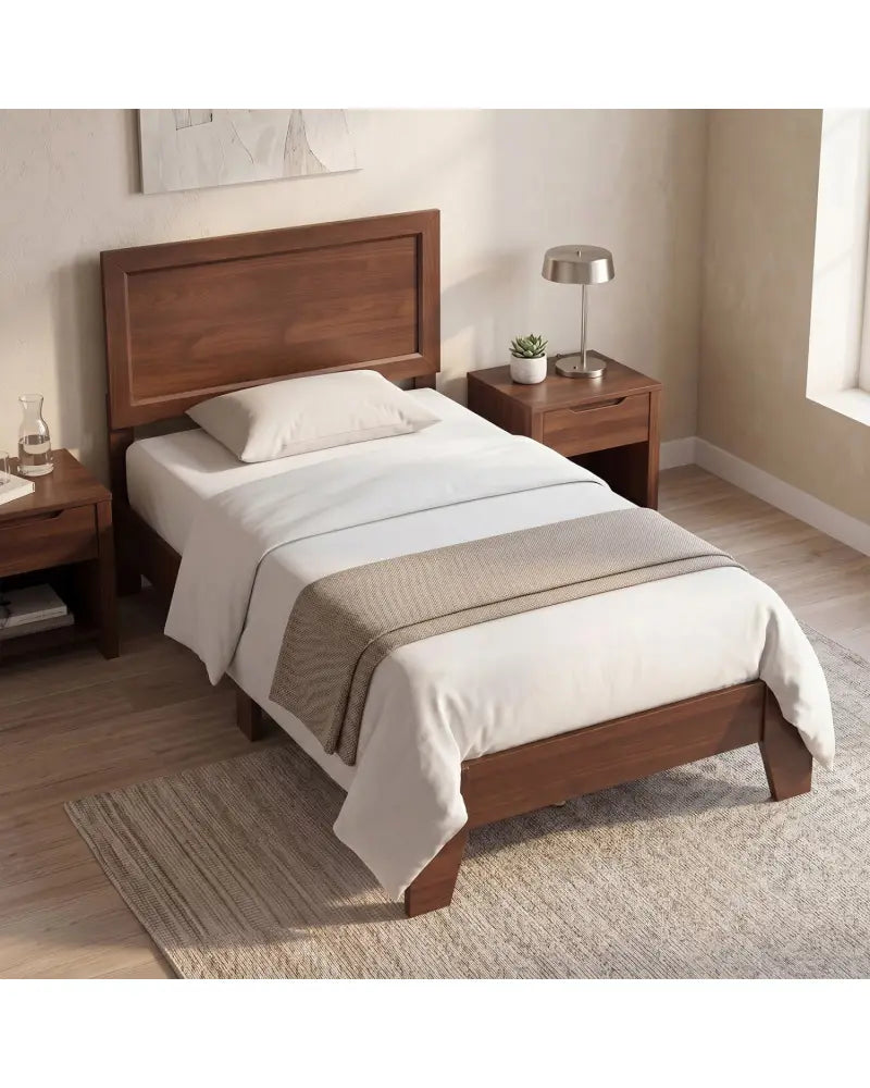 Twin Size Bed Frame with Headboard for Small Room No Box Spring Needed-Walnut - Walnut - Simple Bed Frame