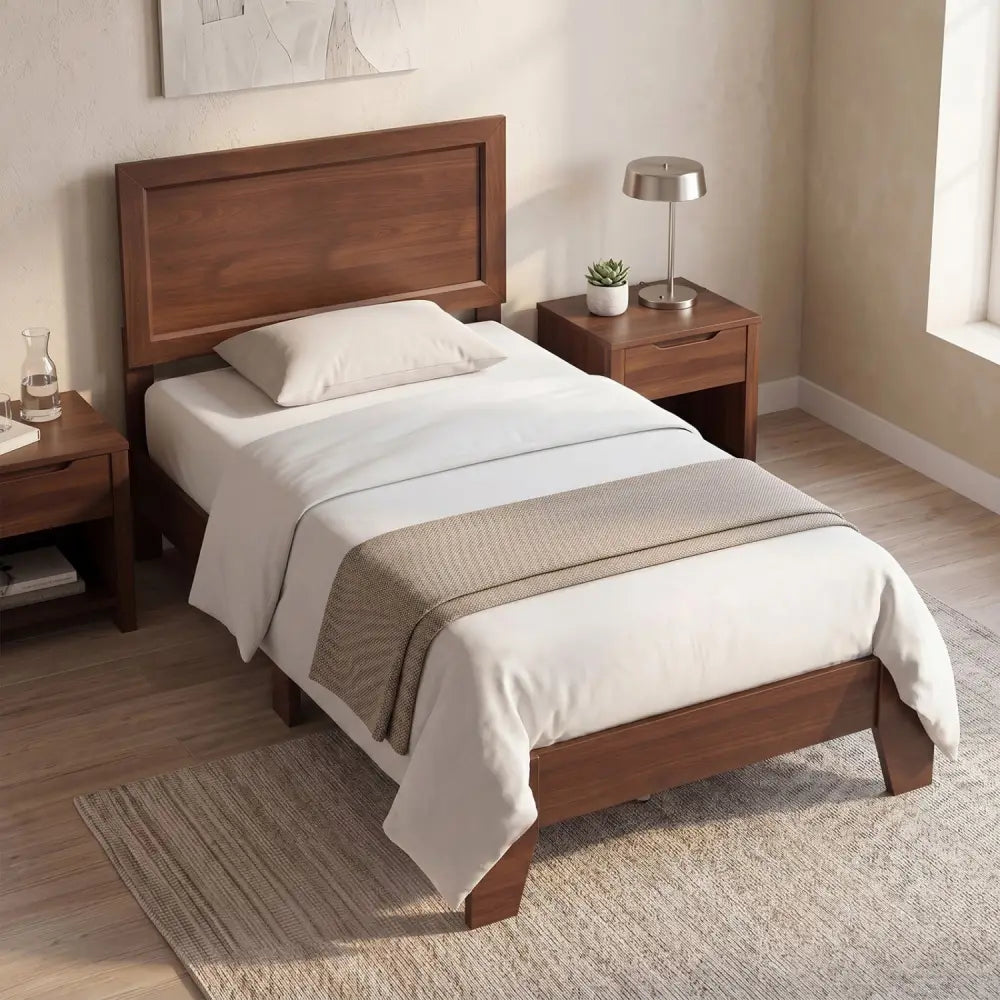 Twin Size Bed Frame with Headboard for Small Room No Box Spring Needed-Walnut - Walnut - Simple Bed Frame