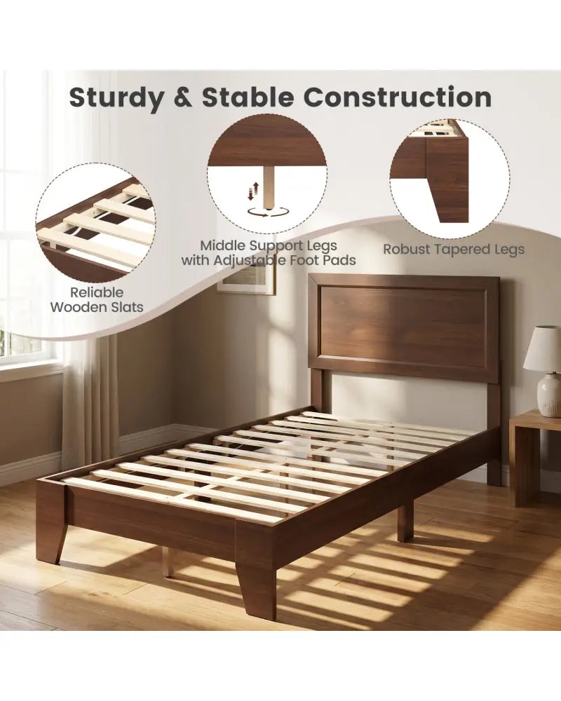 Twin Size Bed Frame with Headboard for Small Room No Box Spring Needed-Walnut - Walnut - Simple Bed Frame