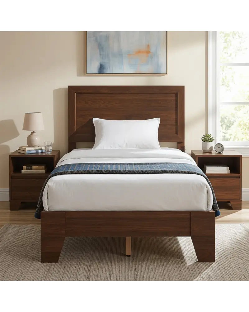 Twin Size Bed Frame with Headboard for Small Room No Box Spring Needed-Walnut - Walnut - Simple Bed Frame