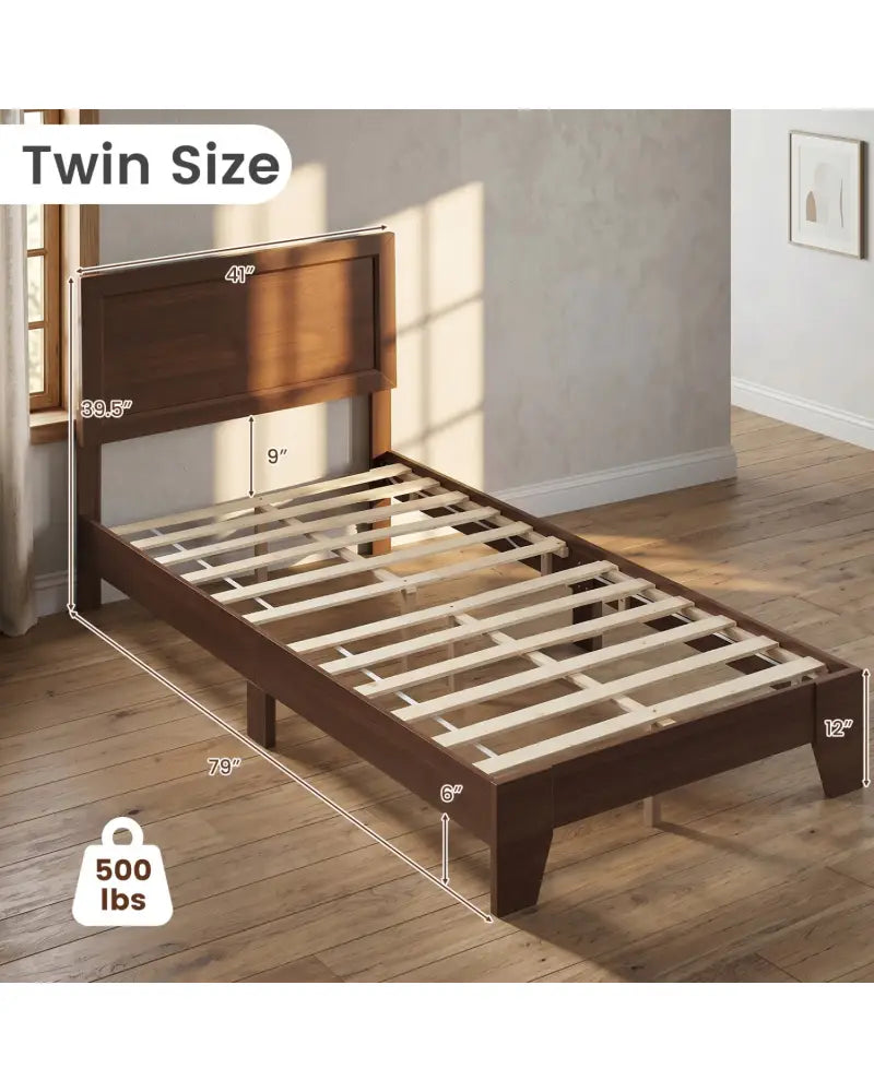 Twin Size Bed Frame with Headboard for Small Room No Box Spring Needed-Walnut - Walnut - Simple Bed Frame
