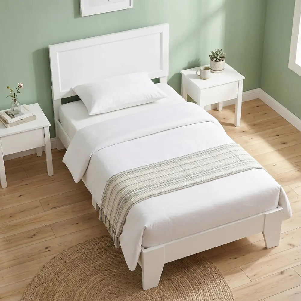 Twin Size Bed Frame with Headboard for Small Room No Box Spring Needed-White - White - Simple Bed Frame