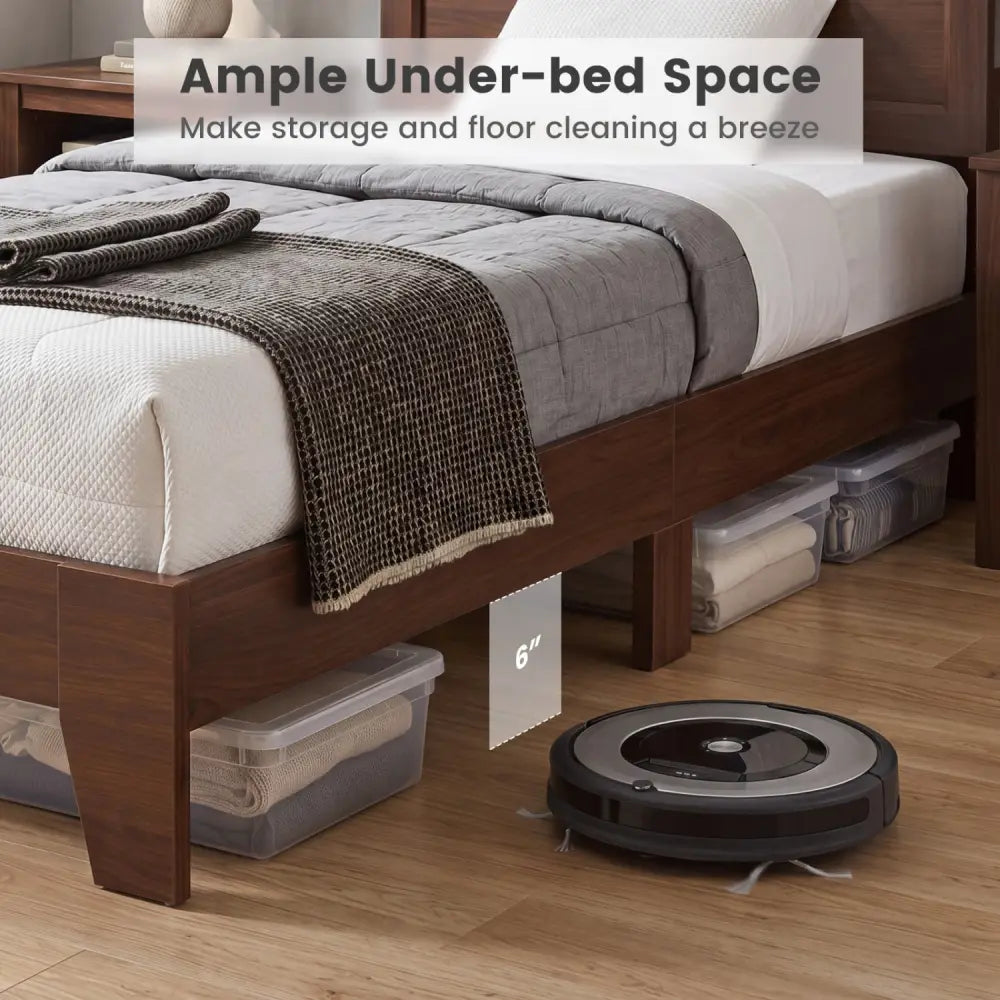 Twin Size Bed Frame with Headboard for Small Room No Box Spring Needed-Walnut - Walnut - Simple Bed Frame