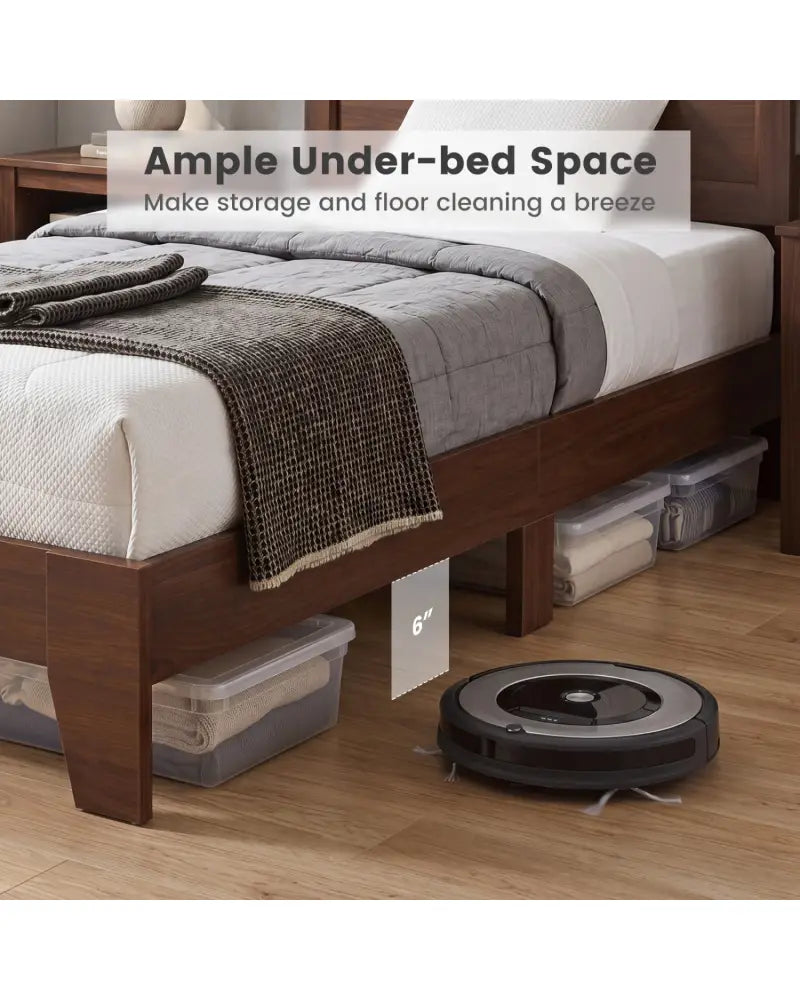 Twin Size Bed Frame with Headboard for Small Room No Box Spring Needed-Walnut - Walnut - Simple Bed Frame