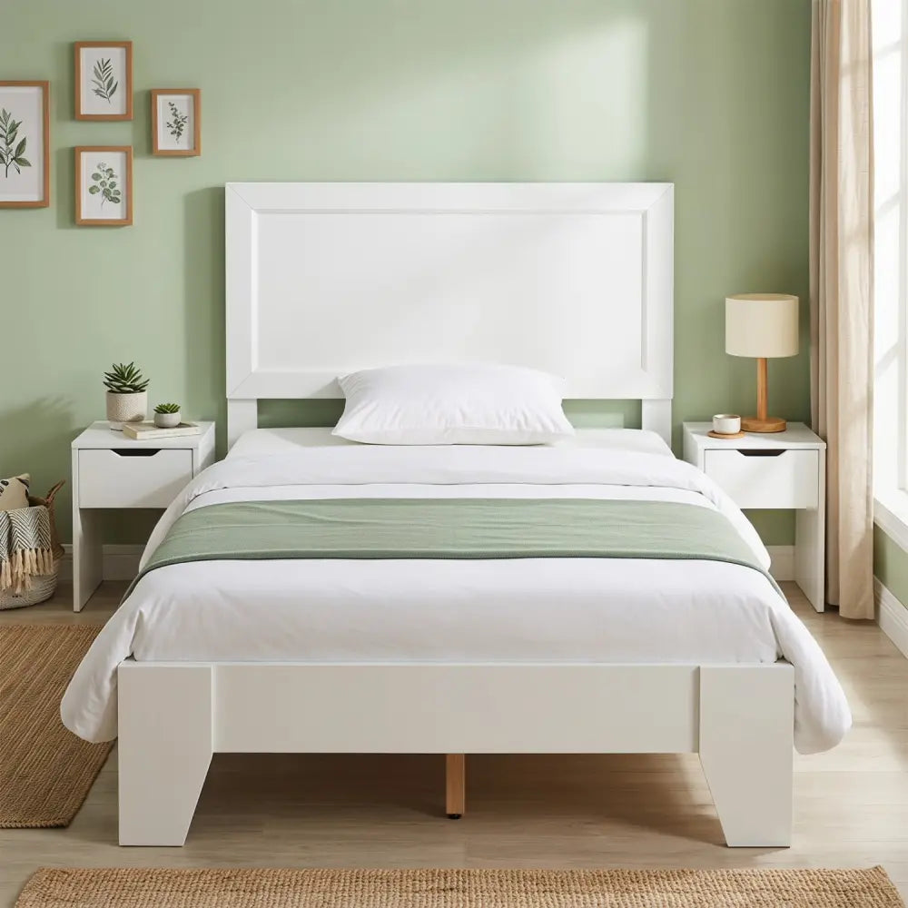 Twin Size Bed Frame with Headboard for Small Room No Box Spring Needed-White - White - Simple Bed Frame