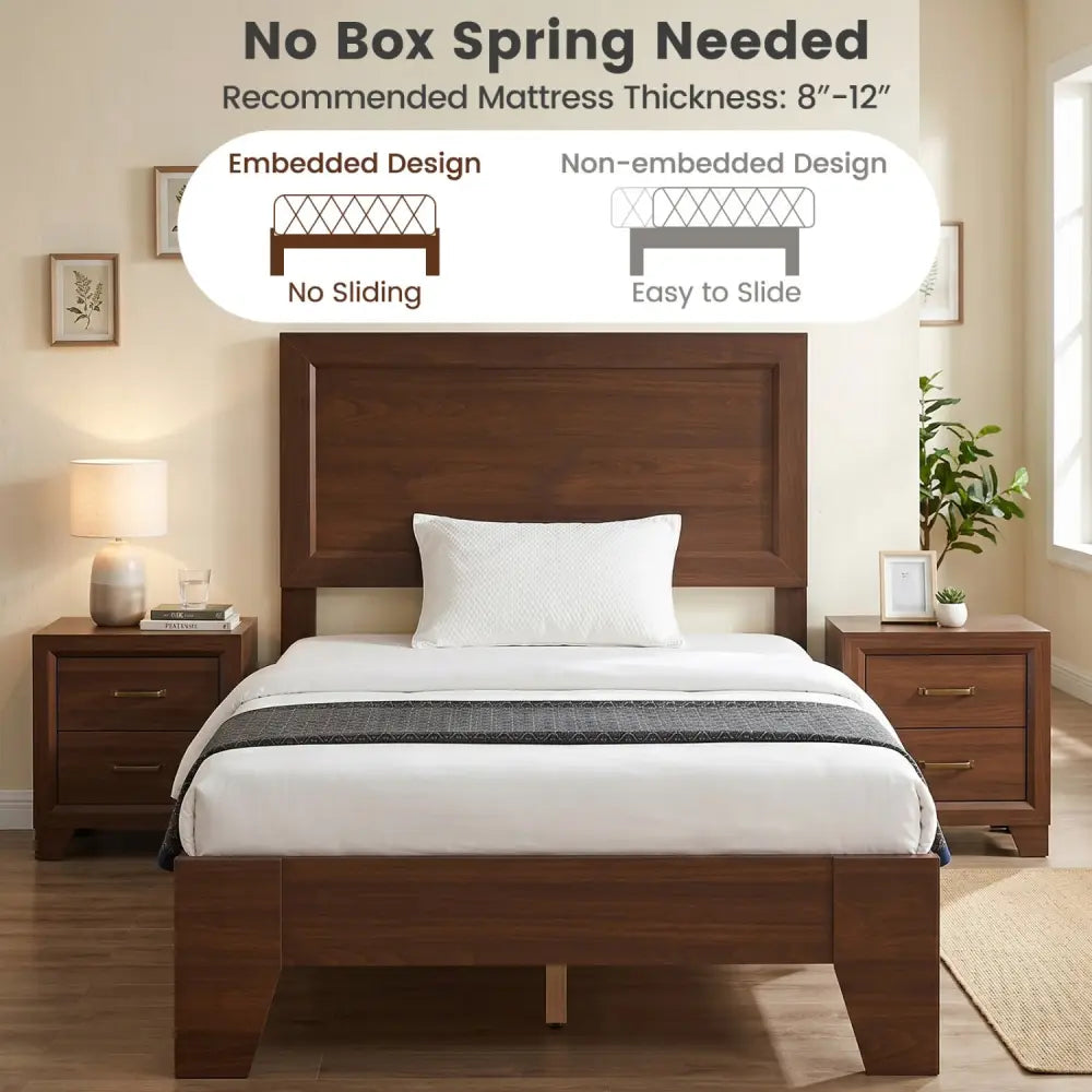 Twin Size Bed Frame with Headboard for Small Room No Box Spring Needed-Walnut - Walnut - Simple Bed Frame