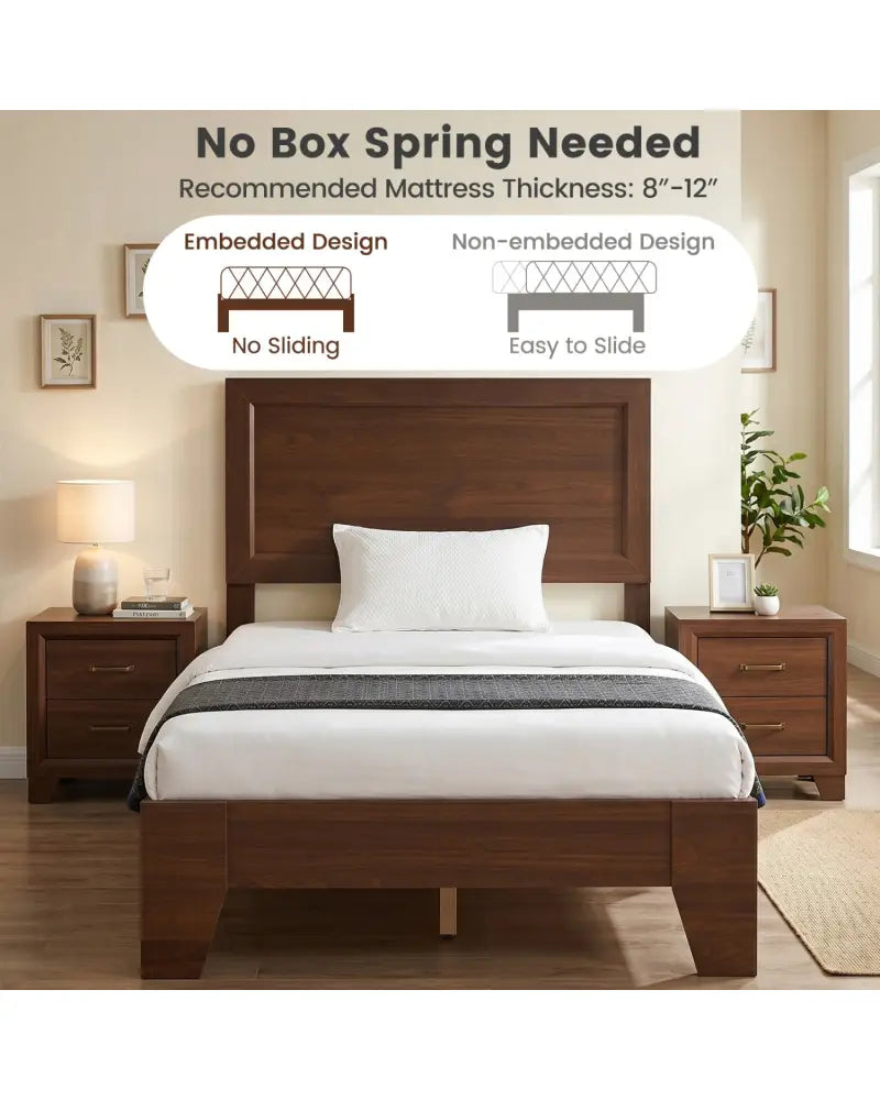 Twin Size Bed Frame with Headboard for Small Room No Box Spring Needed-Walnut - Walnut - Simple Bed Frame
