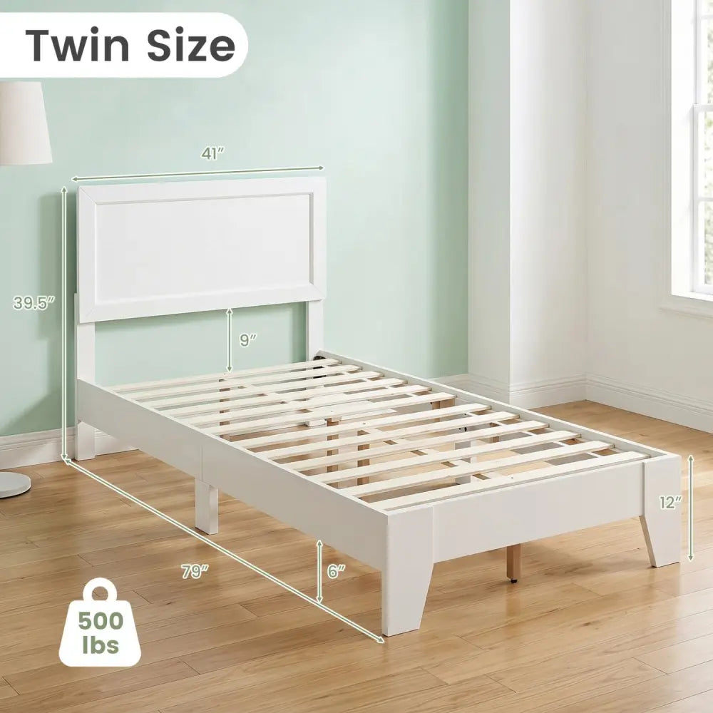 Twin Size Bed Frame with Headboard for Small Room No Box Spring Needed-White - White - Simple Bed Frame