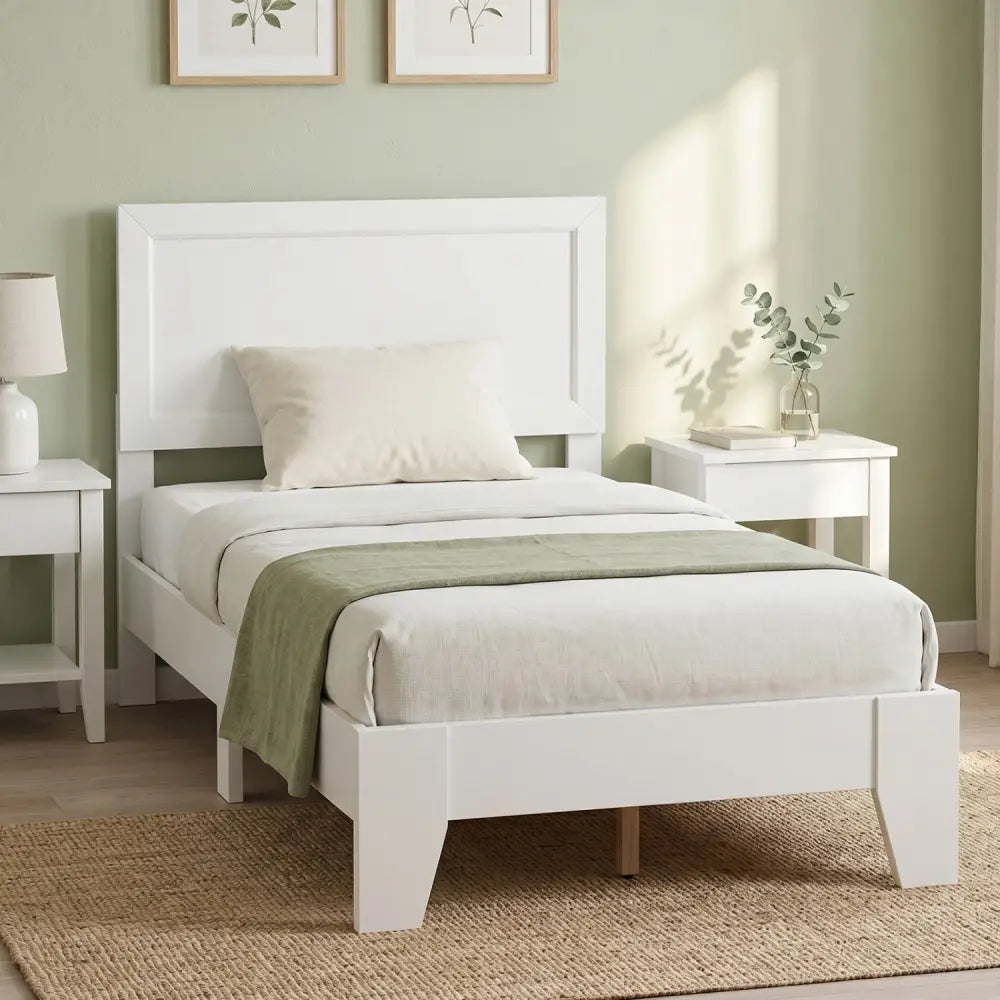 Twin Size Bed Frame with Headboard for Small Room No Box Spring Needed-White - White - Simple Bed Frame