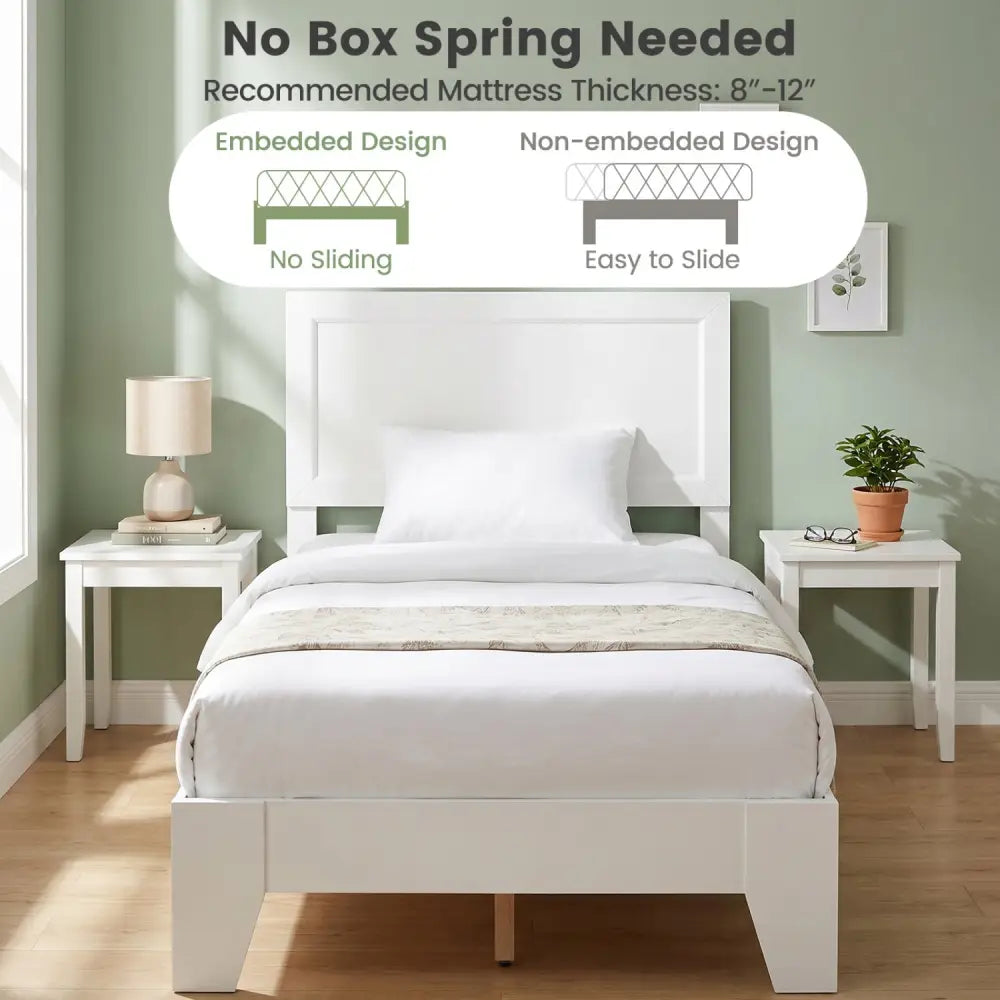 Twin Size Bed Frame with Headboard for Small Room No Box Spring Needed-White - White - Simple Bed Frame