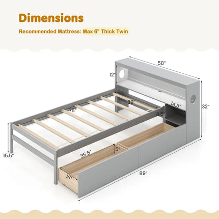 Twin Size Bed Frame with LED Light and Bookcase Headboard-Gray - Gray - Trundle Bed Frame