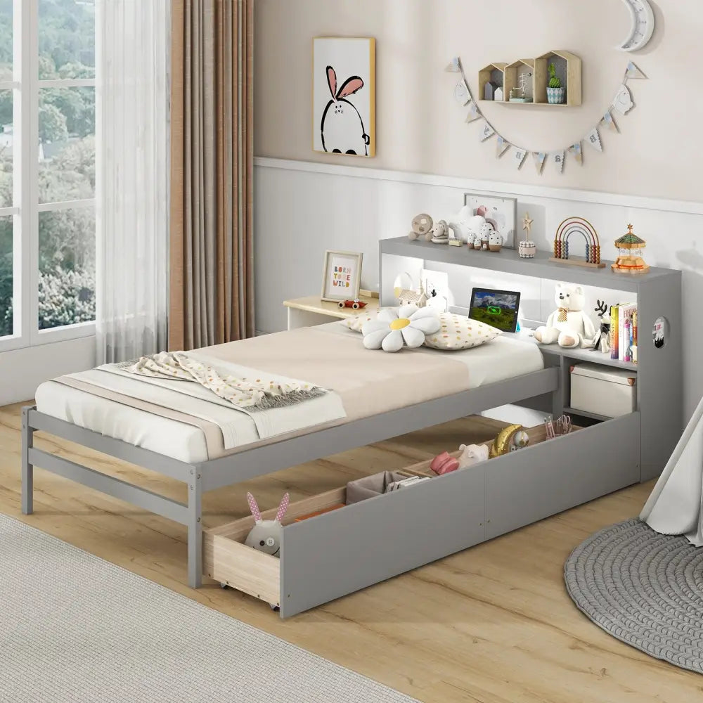 Twin Size Bed Frame with LED Light and Bookcase Headboard-Gray - Gray - Trundle Bed Frame