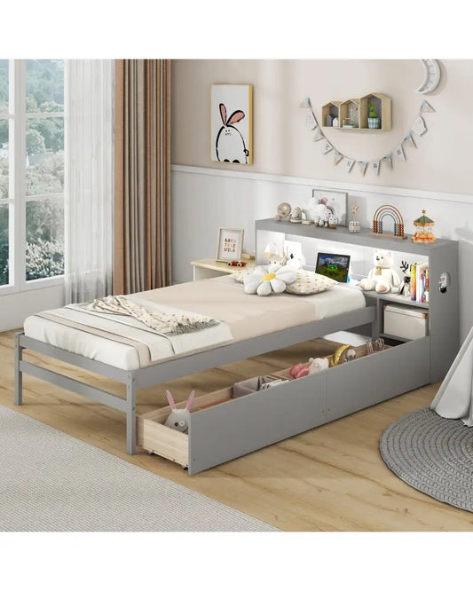 Twin Size Bed Frame with LED Light and Bookcase Headboard-Gray - Gray - Trundle Bed Frame