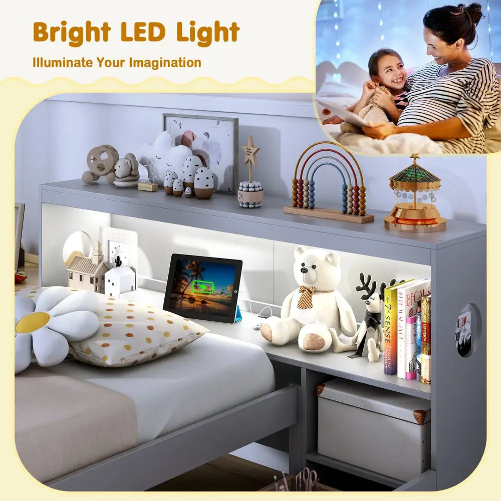Twin Size Bed Frame with LED Light and Bookcase Headboard-Gray - Gray - Trundle Bed Frame