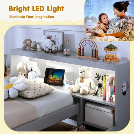 Twin Size Bed Frame with LED Light and Bookcase Headboard-Gray - Gray - Trundle Bed Frame