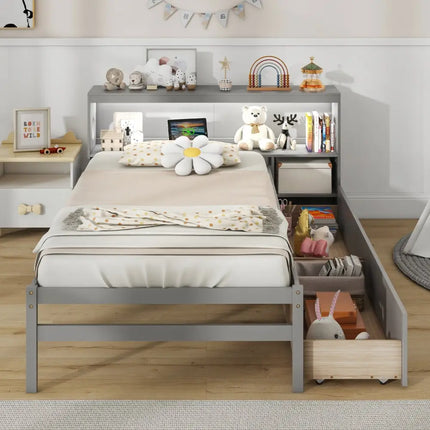 Twin Size Bed Frame with LED Light and Bookcase Headboard-Gray - Gray - Trundle Bed Frame
