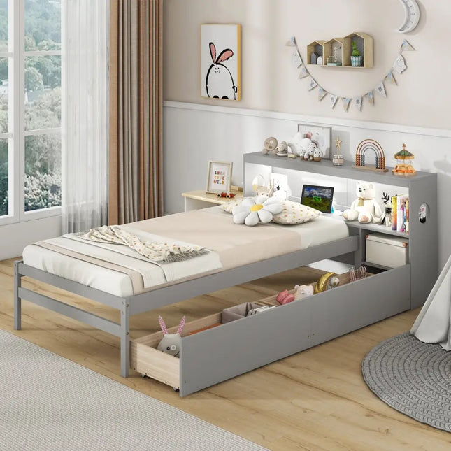 Twin Size Bed Frame with LED Light and Bookcase Headboard-Gray - Gray - Trundle Bed Frame