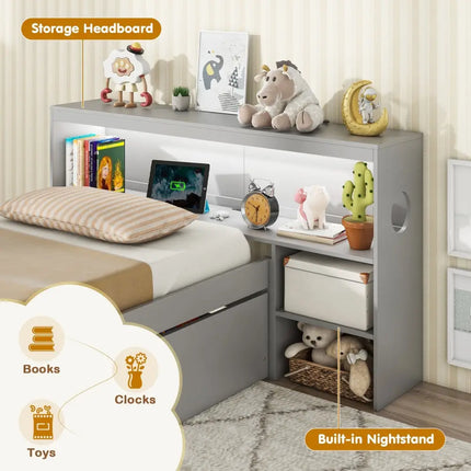 Twin Size Bed Frame with LED Light and Bookcase Headboard-Gray - Gray - Trundle Bed Frame