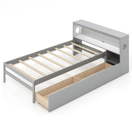 Twin Size Bed Frame with LED Light and Bookcase Headboard-Gray - Gray - Trundle Bed Frame