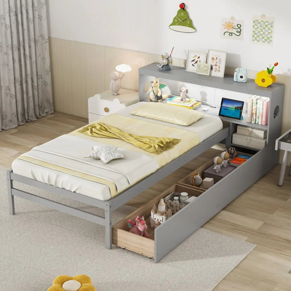 Twin Size Bed Frame with LED Light and Bookcase Headboard-Gray - Gray - Trundle Bed Frame