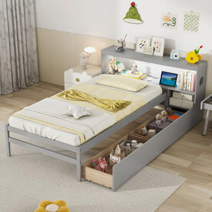 Twin Size Bed Frame with LED Light and Bookcase Headboard-Gray - Gray - Trundle Bed Frame