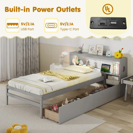 Twin Size Bed Frame with LED Light and Bookcase Headboard-Gray - Gray - Trundle Bed Frame