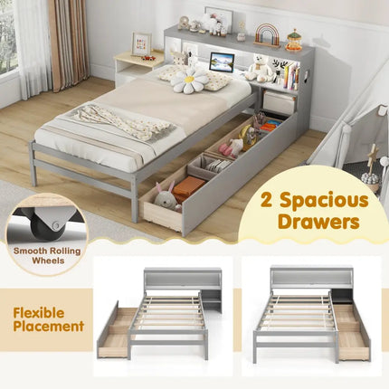 Twin Size Bed Frame with LED Light and Bookcase Headboard-Gray - Gray - Trundle Bed Frame
