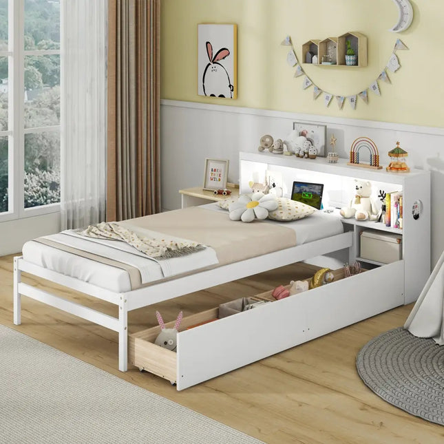 Twin Size Bed Frame with LED Light and Bookcase Headboard-White - White - Trundle Bed Frame